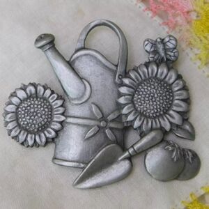 Spoontique Pewter USA 4133 Water Pitcher Flowers Brooch Vintage Signed Pin